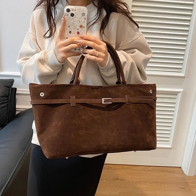 Buckle Decorative Design Solid Faux Suede Handbag Large Capacity Hasp Casual Tote 2025 Hot Sale Bags for Women Bolsas Femininas