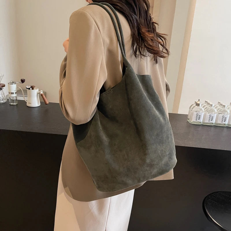 Suede Sewing Thread Retro Women'S Shoulder Bags Zipper Casual Versatile 2024 New Solid Colors High Capacity Casual Tote